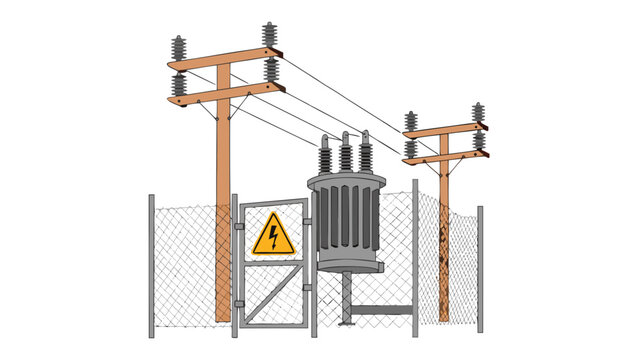 Outdoor high voltage transformer mounted on wooden utility pole infrastructure with transformer