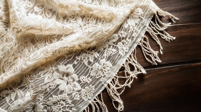 pashmina. Intricately woven pashmina shawl with floral embroidery on dark wood. tutorial guides, club newsletters, designed for tourism and weekend activity guides, used by management consultants.