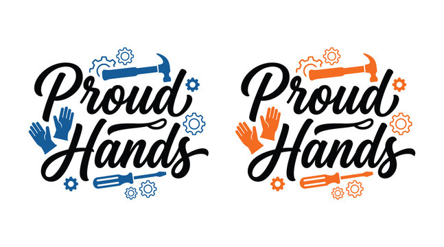 Proud hands labor day logos with tools and gears
