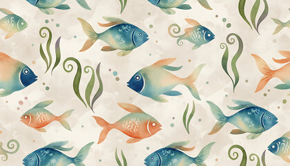 Obraz premium Watercolor artistic marine life motif featuring stylized aquatic fish and organic seaweed elements on a soft cream backdrop, hand-drawn seamless texture for elegant fabric or interior wall decor.