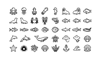 Minimal Marine Wildlife Outline Icons with Ocean Animals Sea Creatures and Editable Vector Collection © Md