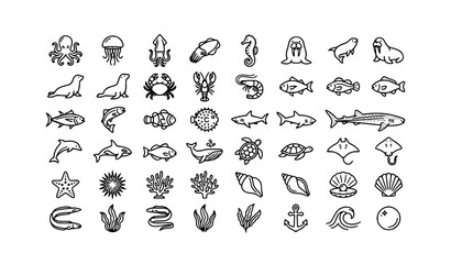 Minimal Marine Wildlife Outline Icons with Ocean Animals Sea Creatures and Editable Vector Collection © Md