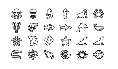 Marine Animals Outline Icon Set with Ocean Creatures Sea Life and Aquatic Wildlife Vector Collection © Md