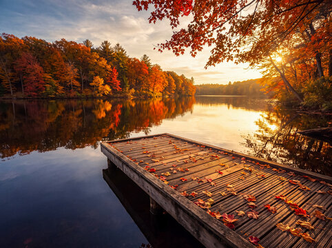 Golden hour autumn scene with a wooden pier extending into a calm lake surrounded by colorful forest.