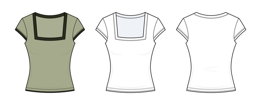 Women's Square Neck Cap Sleeve Baby Tee Technical Fashion Flat Sketch CAD Vector Template. Front and Back View Blank T-Shirt Mockup Design set. 