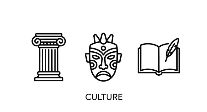 Culture icons featuring a column mask and open book in line style