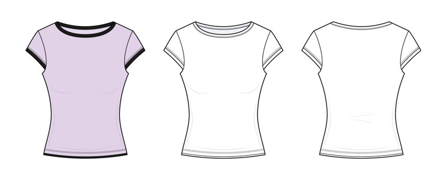 Women's Cap Sleeve Shallow Round Neck Graphic Baby Tee Technical Fashion Flat Sketch CAD Vector Template. Front and Back View Blank T-Shirt Mockup Design.
