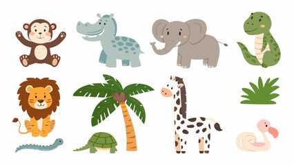 Safari animal collection a colorful vector illustration featuring a monkey elephant and giraffe african animals © Chapala