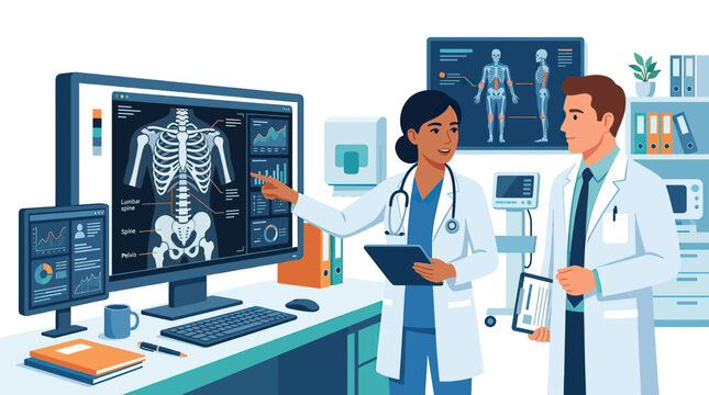 Doctors analyzing X-ray scan on computer screen in medical office