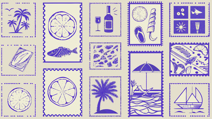 Collection Of Purple Illustrated Stamps Depicting Travel Themes And Citrus Fruit Slices beach boat bottles © Chapala
