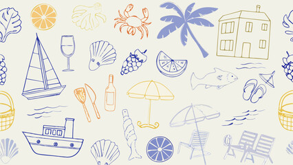 Coastal living themed vector illustration featuring sailboats seashells citrus slices and beach furniture beachcombing beaches © Chapala