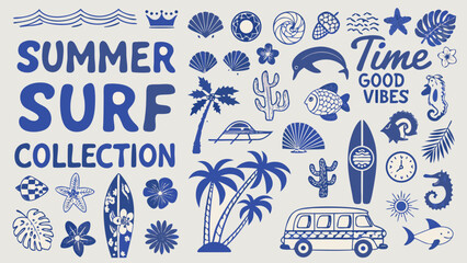 Summer surf collection vector illustration featuring seashells palm leaves and a vintage camper van beach © Chapala