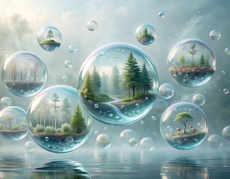 Enchanted Forest Ecosystems Floating Inside Crystal Glass Bubbles &ndash; Surreal Nature Conservation Concept