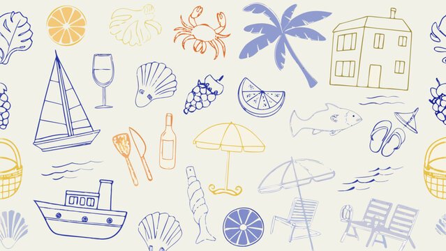 Coastal living themed vector illustration featuring sailboats seashells citrus slices and beach furniture beachcombing beaches