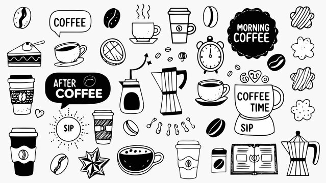 Coffee themed doodles a black and white vector illustration collection with various coffee related elements