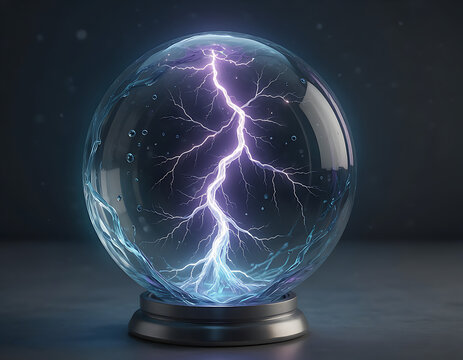 Lightning Trapped Inside a Glass Sphere, Electric Energy Crystal on Dark Background