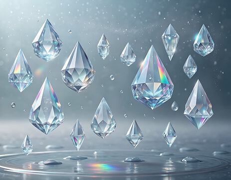 Floating Iridescent Crystal Diamonds with Water Droplets, Luxury Abstract Prism Background
