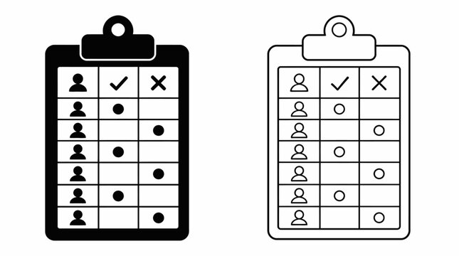 Clipboard icons displaying user attendance list with checkmarks, business management concept.