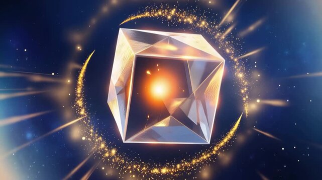 Glowing geometric crystal cube floating in space with golden particles and light streaks 4k video