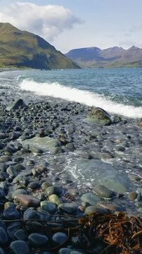 Pebble beach Unalaska Alaska. Sea waves wash over smooth dark pebbles on beach in Dutch Harbor Alaska