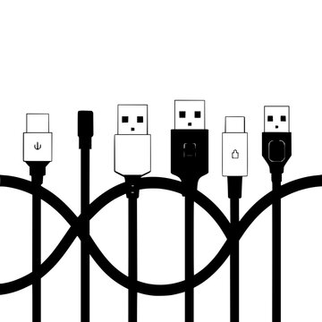 USB cables set with various connector types featuring USB-A, USB-B, USB-C with Micro-USB and Mini-USB connectors