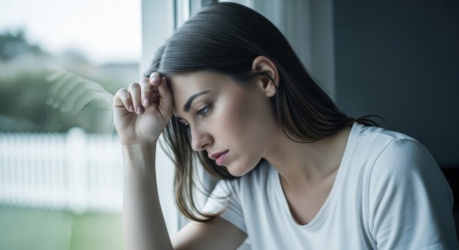 Sad Young Woman Looking Out of Window Feeling Depressed and Lonely at Home, Mental Health Concept