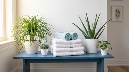 Fototapeta premium Stacked towels, plants on blue table, bathroom decor, home textiles, spa setup