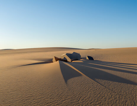 Minimalist Desert Landscape with Sand Dunes, Rocks and Long Shadows Under Clear Blue Sky