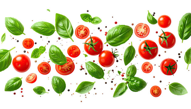 A sprinkling of basil leaves and tomatoes floating on a transparent background, vector illustration