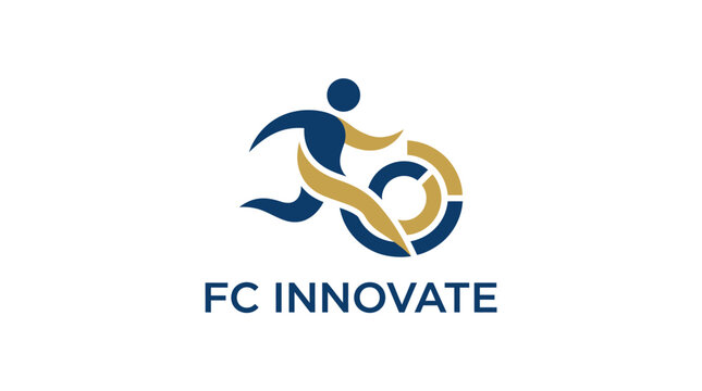 A dynamic logo featuring a person kicking a ball in a abstract football scene