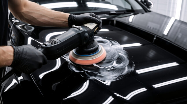 Professional car polishing and detailing process. Close up of hands using rotary buffer machine on black vehicle hood. Paint correction and scratch removal service