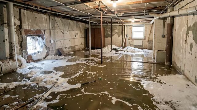 A basement submerged in murky water with dirt stains on the walls.