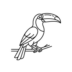 Obraz premium Toucan bird perched on tree branch black linear icon or emblem isolated on transparent background jungle.