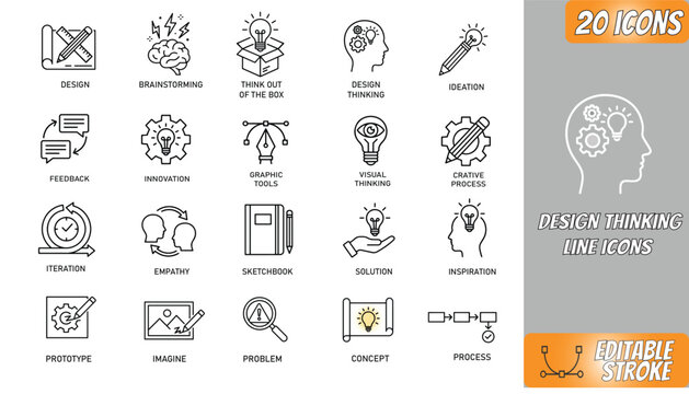 Design Thinking line editable icon set. Contain icons related to design, thinking, ideation, brainstorm, creativity, prototype, innovation and research