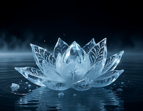 Ice Crystal Lotus Bloom on Calm Water, Magical Winter Fantasy
