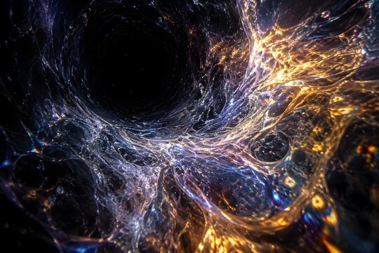 Swirling chaos of cosmic quantum foam at edge of deep space black hole gravity singularity