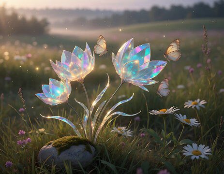 Magical Crystal Flowers Blooming in Wildflower Field with Butterflies