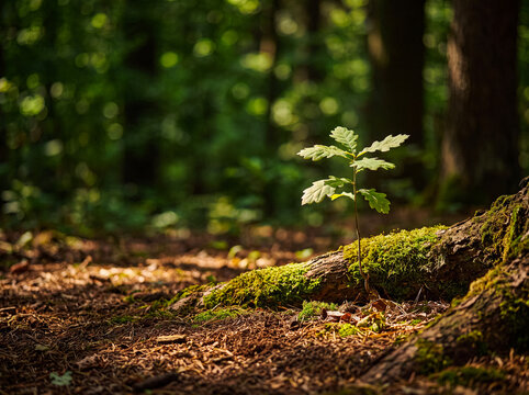 Young oak sapling sprouting from the forest floor beside a mossy tree trunk, symbolizing new beginnings and growth.
