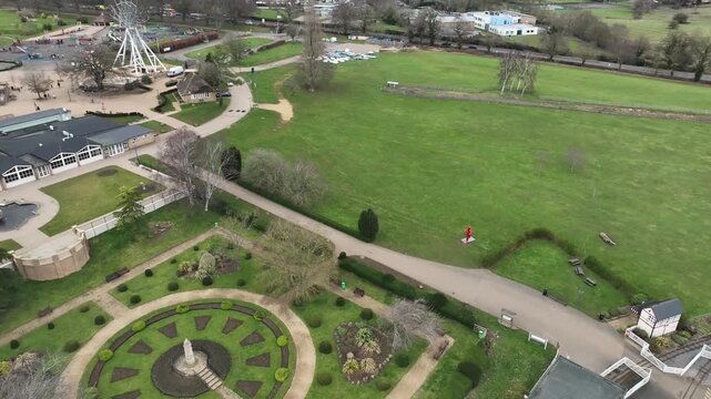 Aerial Drone View of Formal Ornamental Gardens with Circular Paths at Wicksteed Park Kettering UK