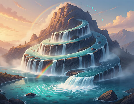 Fantasy Spiral Waterfall Flowing Around Mountain with Rainbow, Magical Nature Landscape