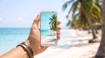Obraz premium Hand holding smartphone with tropical beach on screen. Mobile phone display showing summer vacation paradise. Travel and technology concept