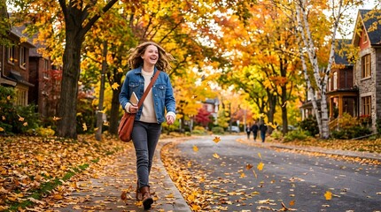 Fototapeta premium Joyful woman walking through a vibrant autumn neighborhood street