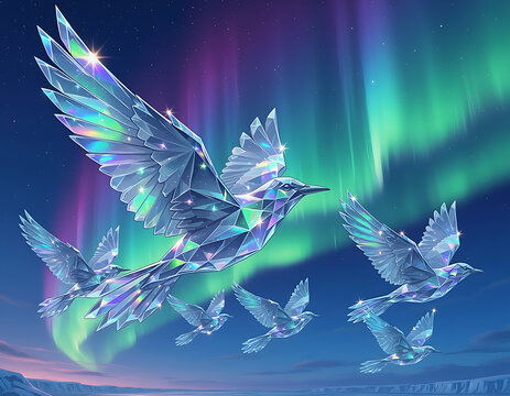 Crystal Prism Birds Flying Beneath Aurora Borealis in a Magical Arctic Night Sky