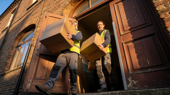 Low angle view of professional movers carrying cardboard boxes out of a brick building. Men in high visibility vests working in relocation service