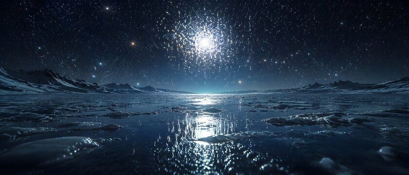 Frozen Methane Lake Reflecting Brilliant Night Sky Light From Dense Outer Space Globular Star Cluster