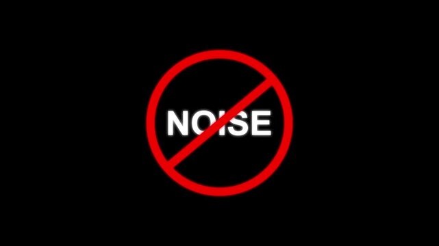 Red prohibition sign with the word NOISE in white glowing text on a black background no noise
