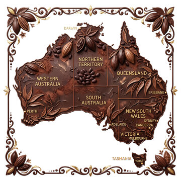 Premium Chocolate Map of Australia with Cocoa Beans and Native Botanical Elements, Gourmet Australian Chocolate Art, Transparent Background