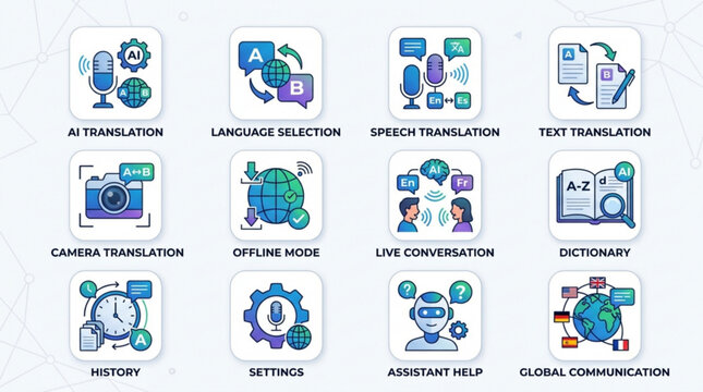 Translation and language learning icons set with ai technology