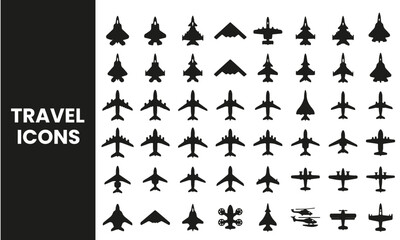 Fototapeta premium Aircraft and Aviation Icons Set - Airplane, Fighter Jet, Helicopter and Drone Vector Collection 