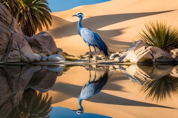 Fototapeta premium Majestic Blue Crane Bird Reflected Perfectly In Still Desert Oasis Water With Harsh Shadows Nature